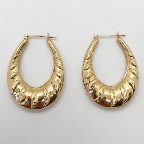 14k yellow gold large puffy hoop earrings with swirl design vintage 1.5” - Picture 2 of 7